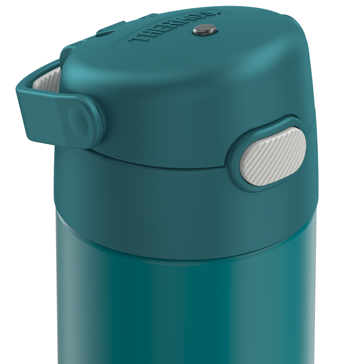 16-ounce Funtainer Stainless Steel Water Bottle with Spout, Dark Sea Green, side view, handle down.