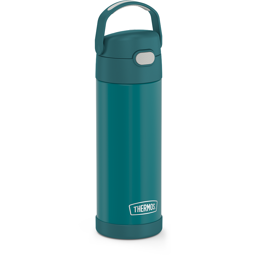 16-ounce Funtainer Stainless Steel Water Bottle with Spout, Dark Sea Green, side view, handle up.
