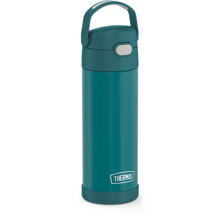 16-ounce Funtainer Stainless Steel Water Bottle with Spout, Dark Sea Green, side view, handle up.
