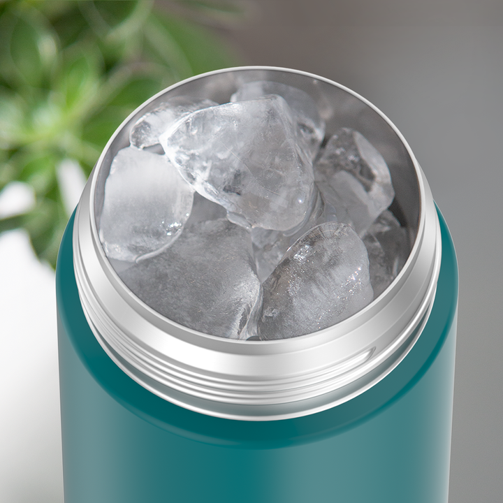 16-ounce Dark Sea Green Funtainer water bottle, opened and full of ice.