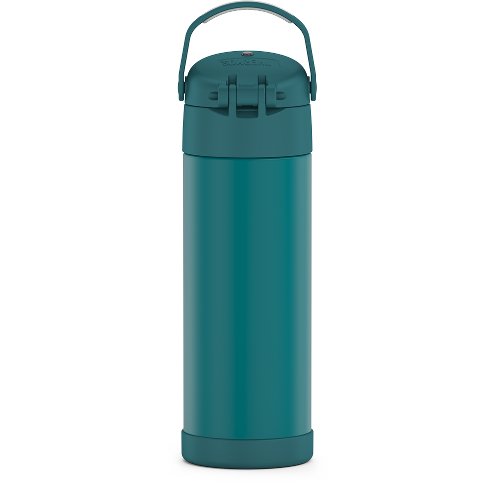 16-ounce Funtainer Stainless Steel Water Bottle with Spout, back view, handle up, Dark Sea Green.