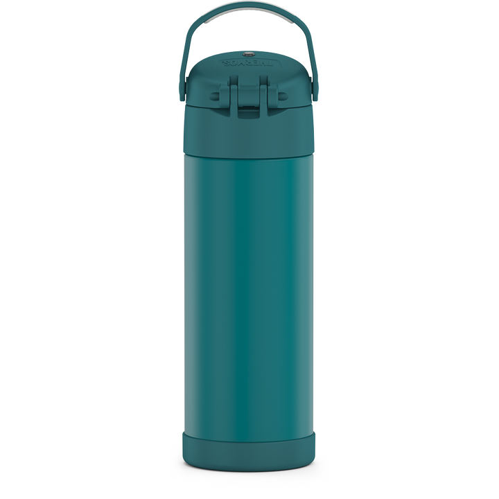 16-ounce Funtainer Stainless Steel Water Bottle with Spout, back view, handle up, Dark Sea Green.