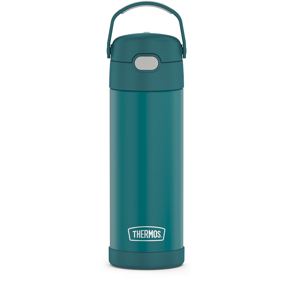 16-ounce Funtainer Stainless Steel Water Bottle with Spout, front view, Dark Sea Green.