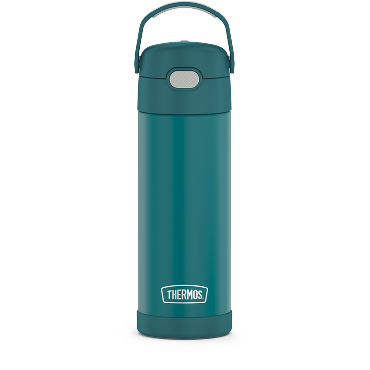 16-ounce Funtainer Stainless Steel Water Bottle with Spout, front view, Dark Sea Green.