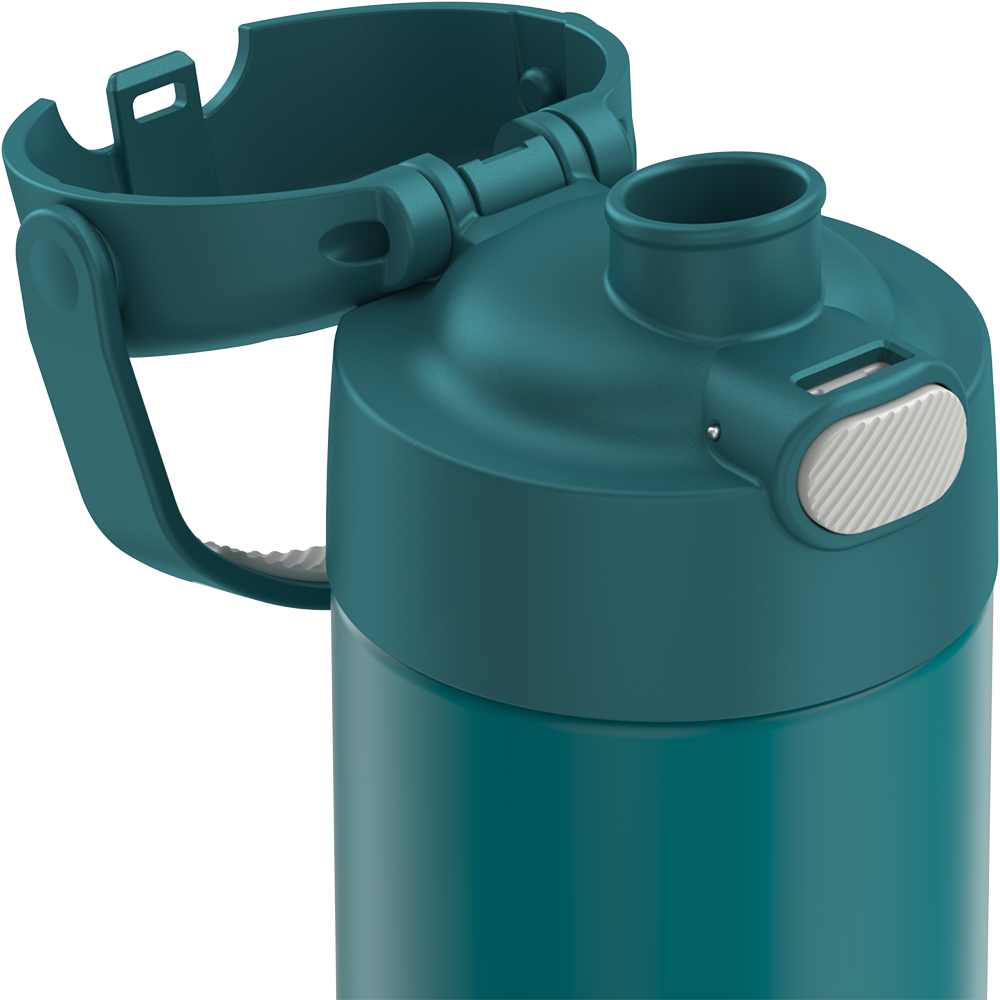 16-ounce Funtainer Stainless Steel Water Bottle with Spout, Dark Sea Green, side view, lid open showing spout.