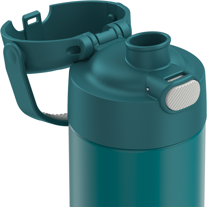 16-ounce Funtainer Stainless Steel Water Bottle with Spout, Dark Sea Green, side view, lid open showing spout.