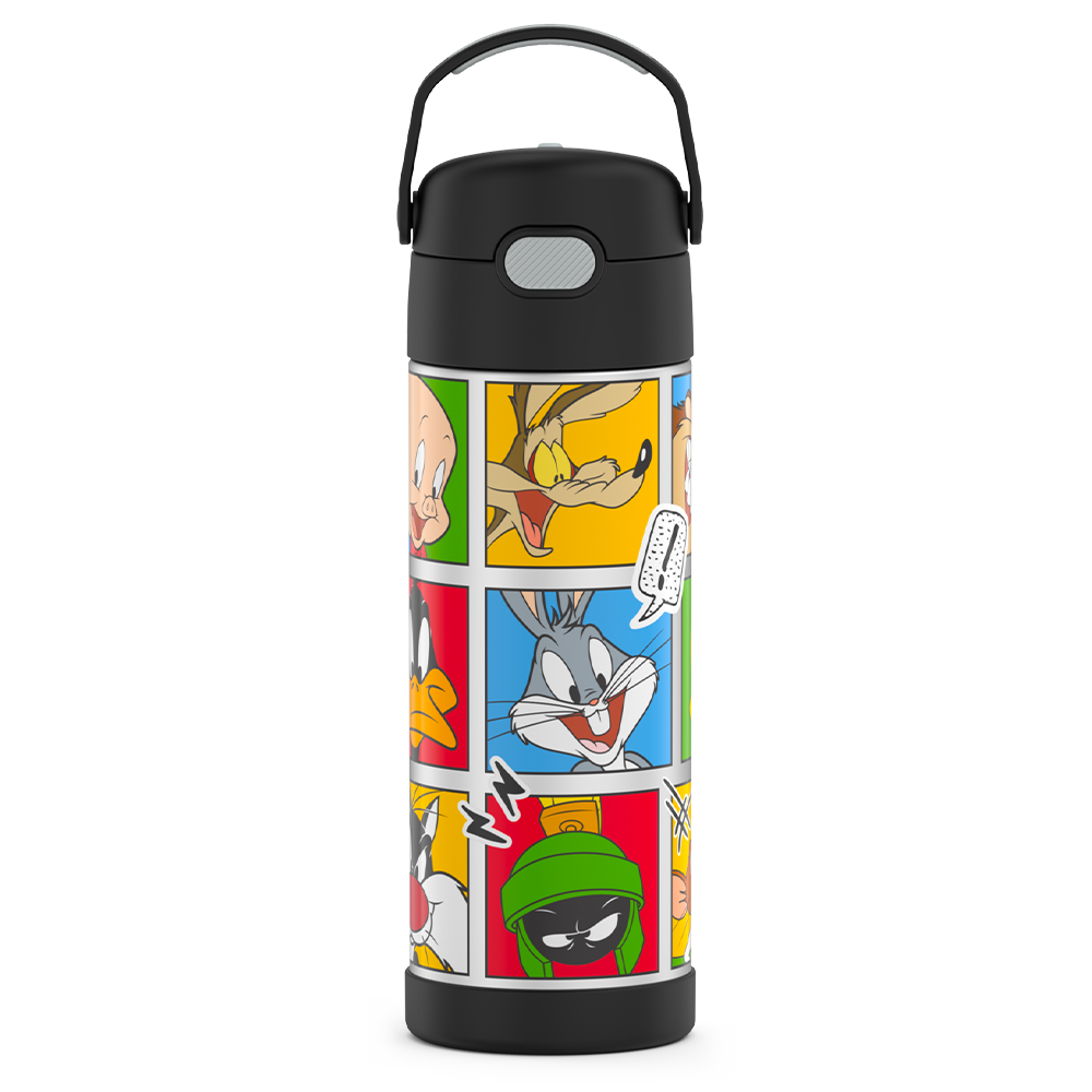 16-ounce Funtainer Stainless Steel Water Bottle with Spout, front view, Looney Tunes characters, Black.