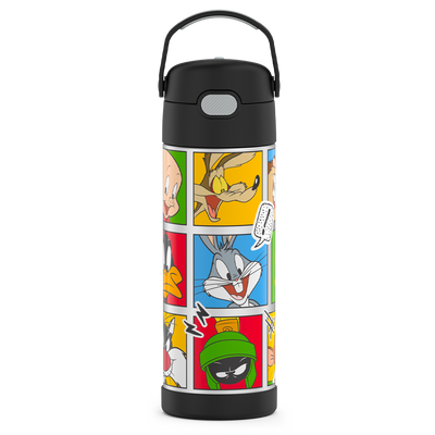 16-ounce Funtainer Stainless Steel Water Bottle with Spout, front view, Looney Tunes characters, Black.