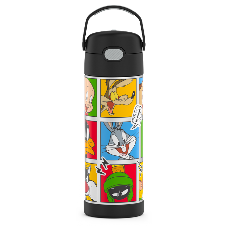 16-ounce Funtainer Stainless Steel Water Bottle with Spout, front view, Looney Tunes characters, Black.