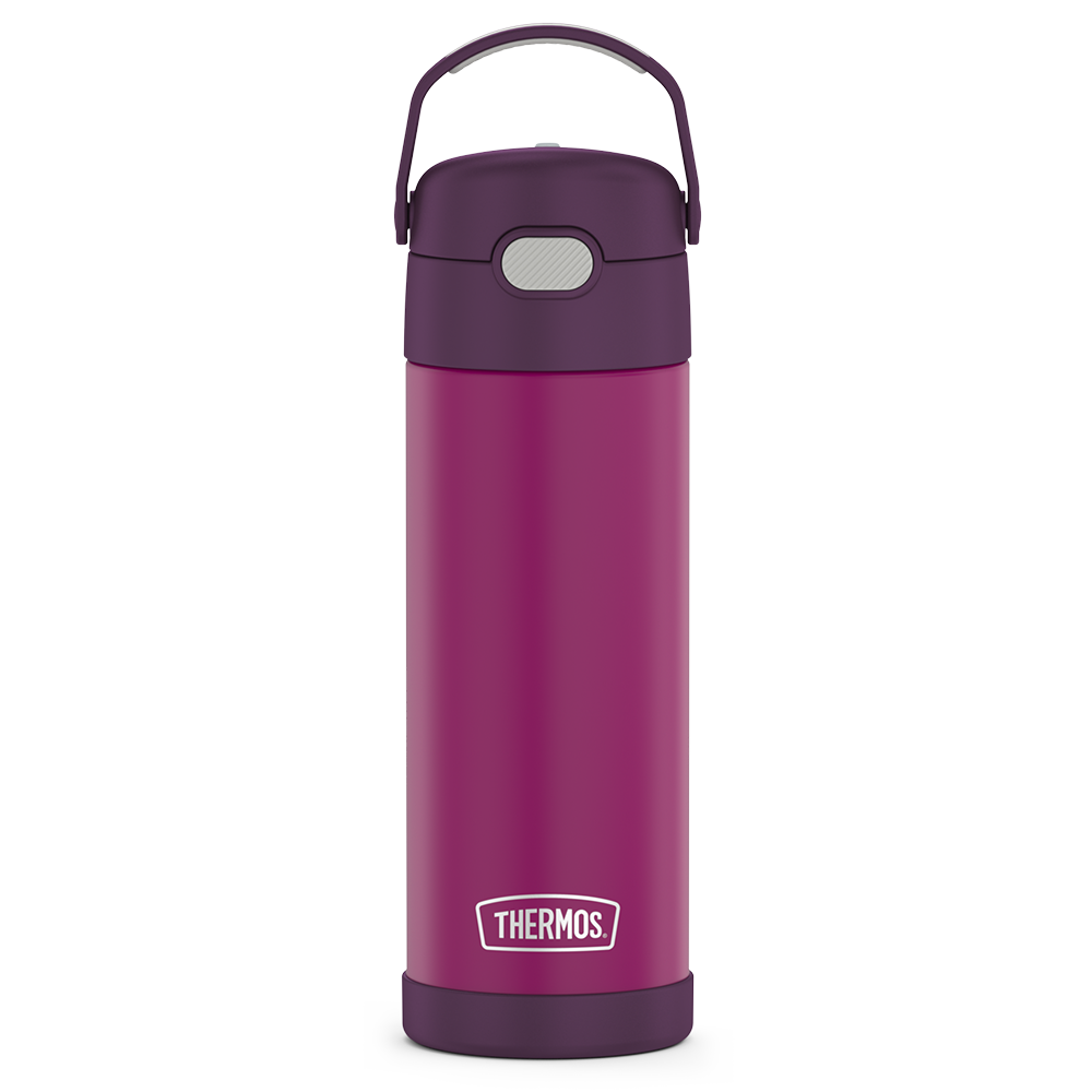  16-ounce Funtainer Stainless Steel Water Bottle with Spout, front view, Red Violet.
