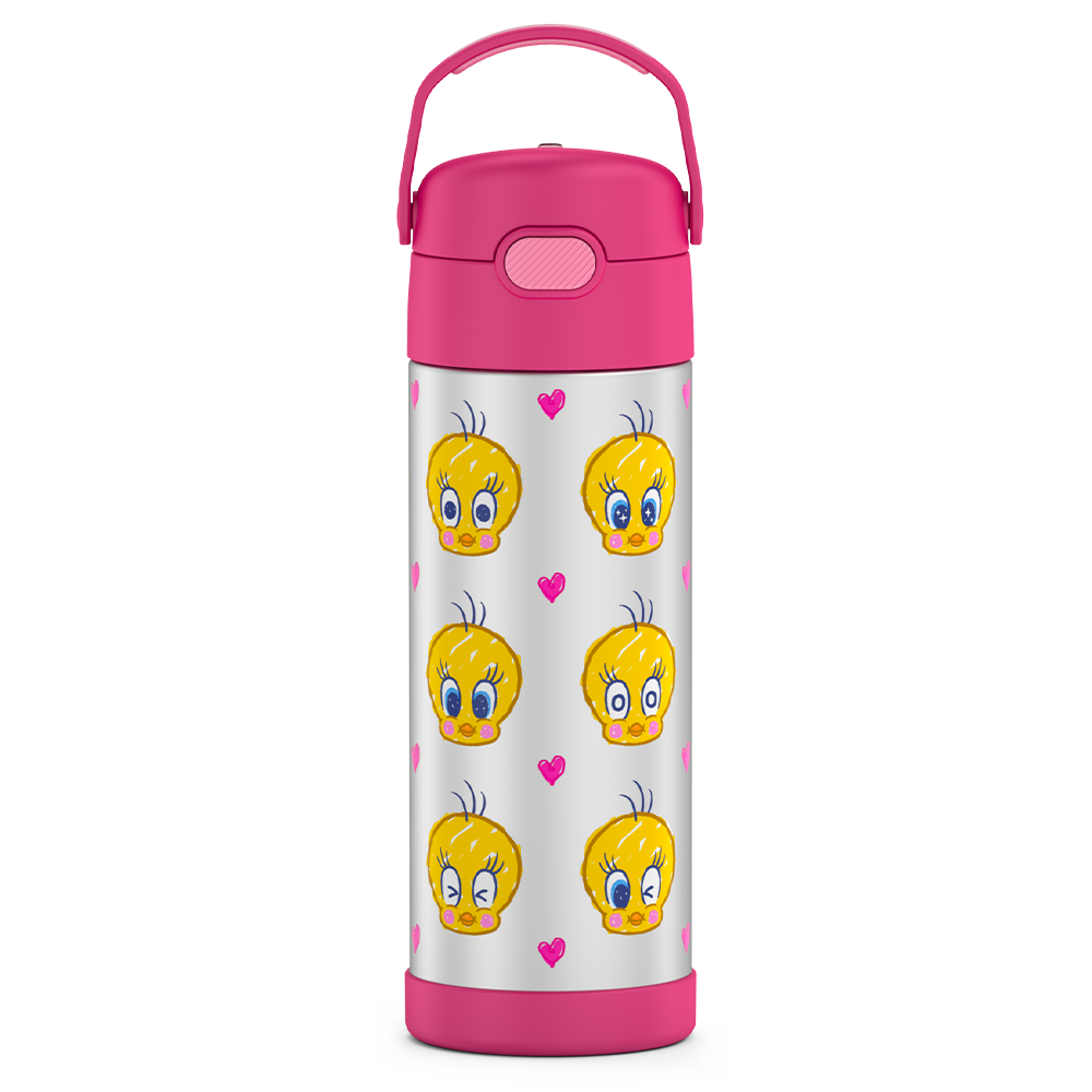 16-ounce Funtainer Stainless Steel Water Bottle with Spout, Tweety Bird, Pink, front view, handle up.