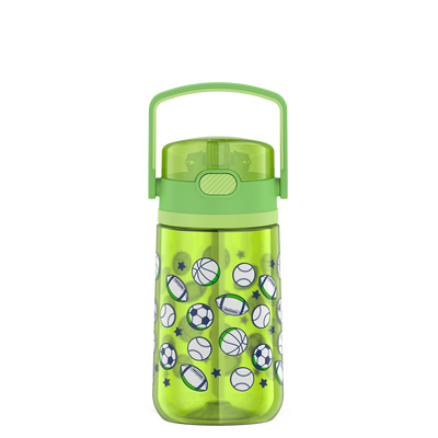 14oz Thermos Kids Plastic Water Bottle in light green Sports Pattern, front view.