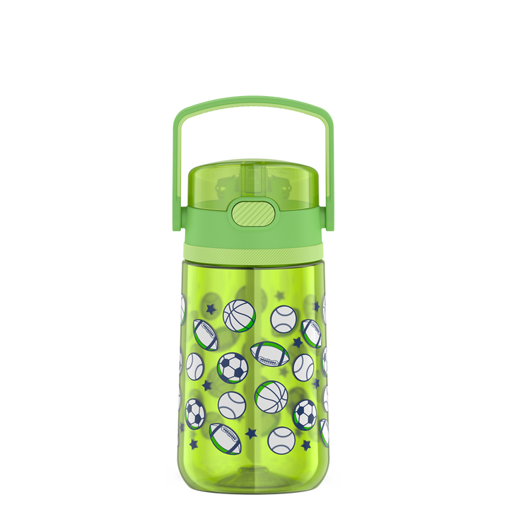 14oz Thermos Kids Plastic Water Bottle in light green Sports Pattern, front view.