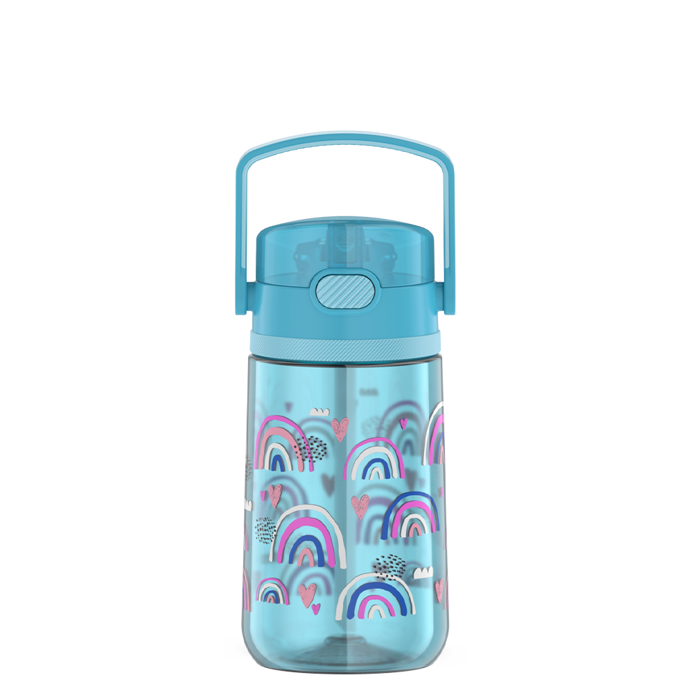 14oz Thermos Kids Plastic Water Bottle in light blue with Joyful Rainbows Pattern.
