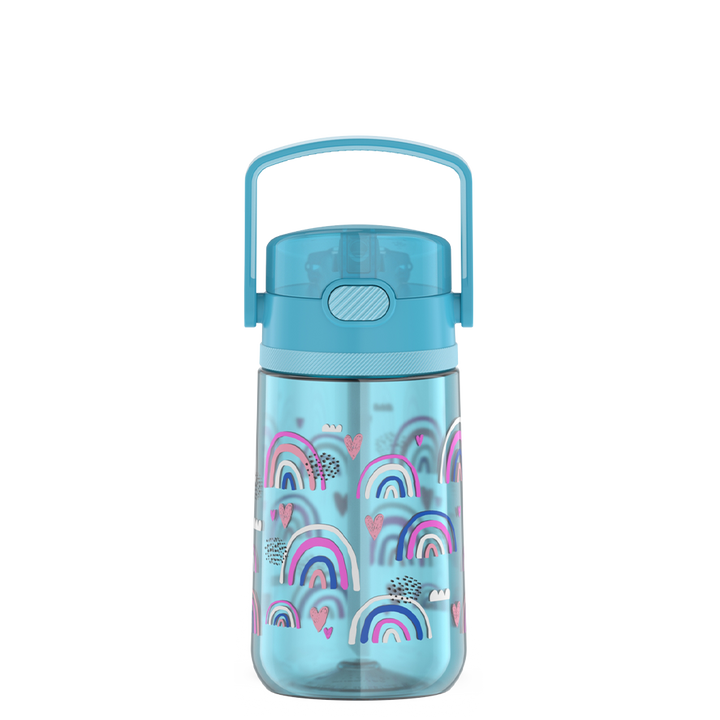 14oz Thermos Kids Plastic Water Bottle in light blue with Joyful Rainbows Pattern.

