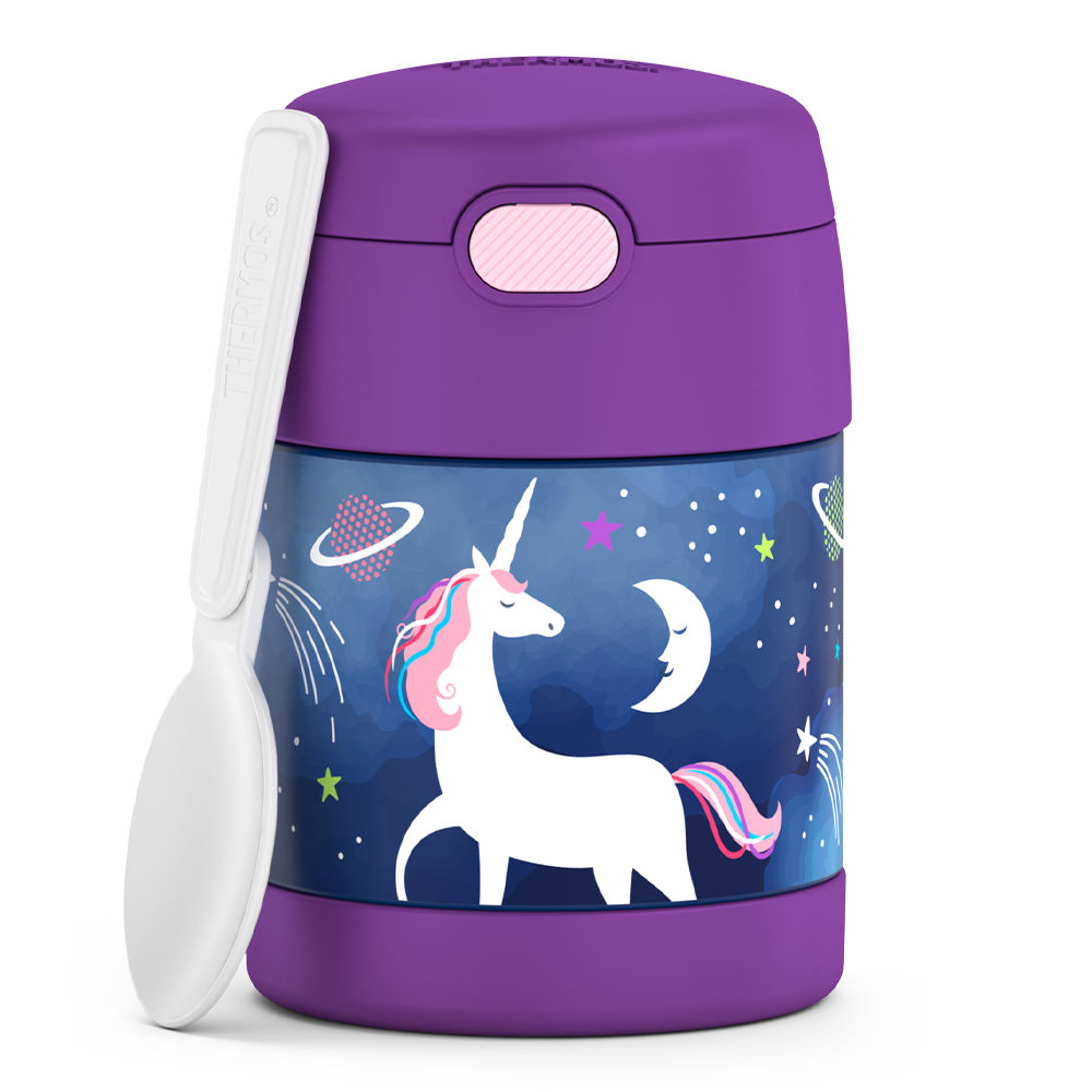 10 ounce Funtainer food jar, unicorn in space with spoon unfolded and resting on jar.