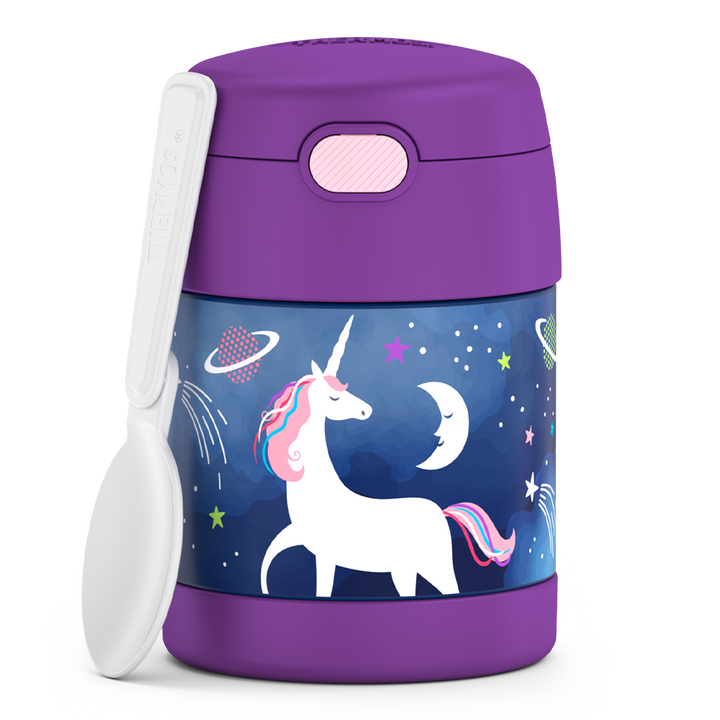 10 ounce Funtainer food jar, unicorn in space with spoon unfolded and resting on jar.