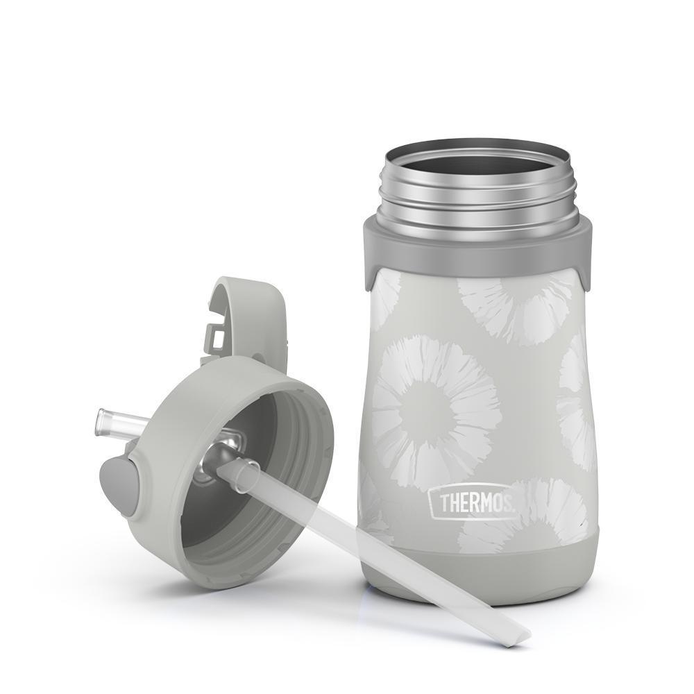 10 ounce Thermos Kids water bottle, grey tie dye with lid off, showing the full straw.