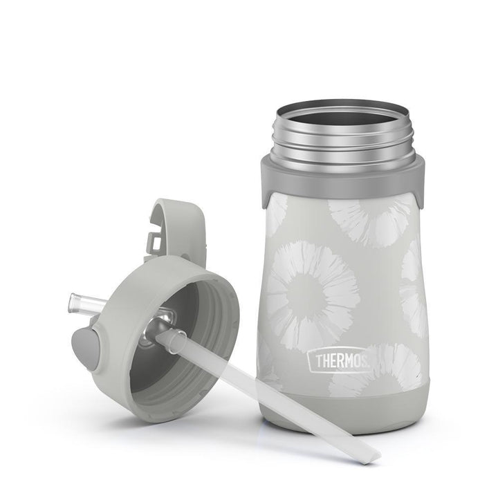 10 ounce Thermos Kids water bottle, grey tie dye with lid off, showing the full straw.