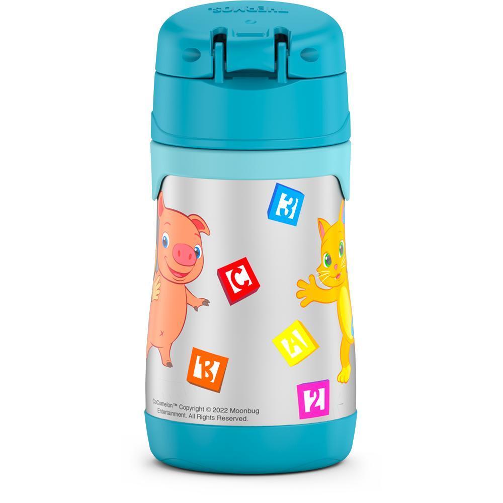 10 ounce Thermos Kids water bottle, Cocomelon back view featuring a pig, cat, and blocks.