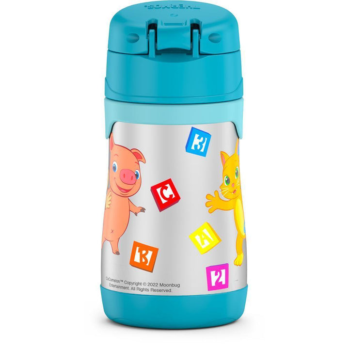 10 ounce Thermos Kids water bottle, Cocomelon back view featuring a pig, cat, and blocks.