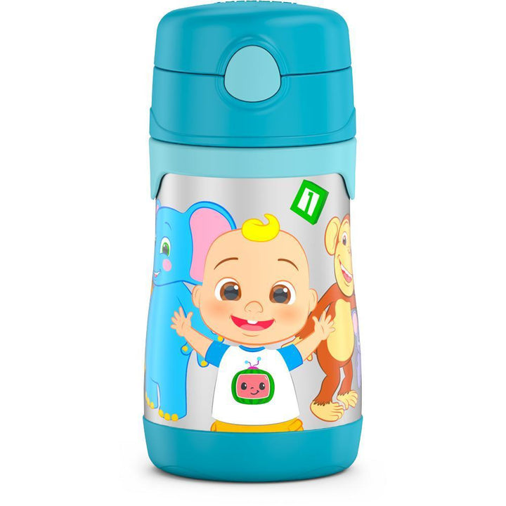 10 ounce Thermos Kids water bottle, Cocomelon featuring JJ, an elephant, and a monkey.