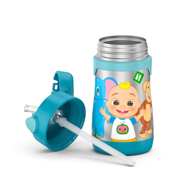 10 ounce Thermos Kids water bottle, Cocomelon featuring JJ, an elephant, and a monkey.
