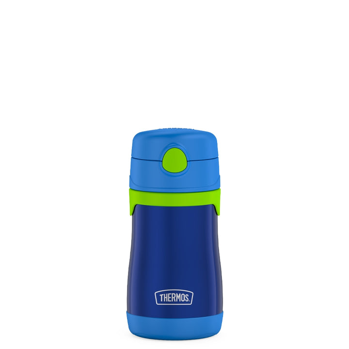 10 ounce Thermos Kids water bottle, Navy with lime green straw compartment button.