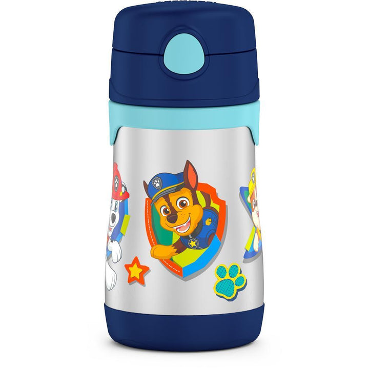 10 ounce Thermos Kids water bottle, Paw Patrol featuring Chase front view with straw compartment button.