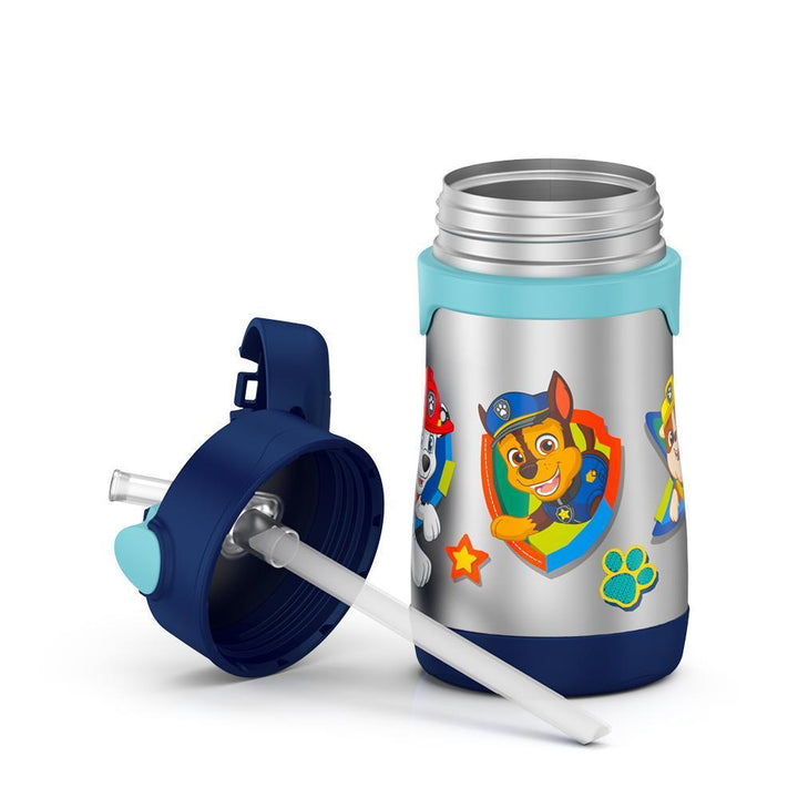 10 ounce Thermos Kids water bottle, Paw Patrol featuring Chase lid off showing straw.