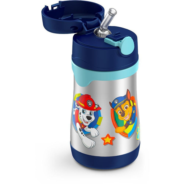 10 ounce Thermos Kids water bottle, Paw Patrol featuring Chase and Marshall, straw compartment is open, showing straw.