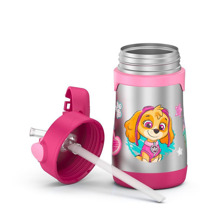 10 ounce Thermos Kids water bottle, Paw Patrol featuring Skye with lid off showing straw.