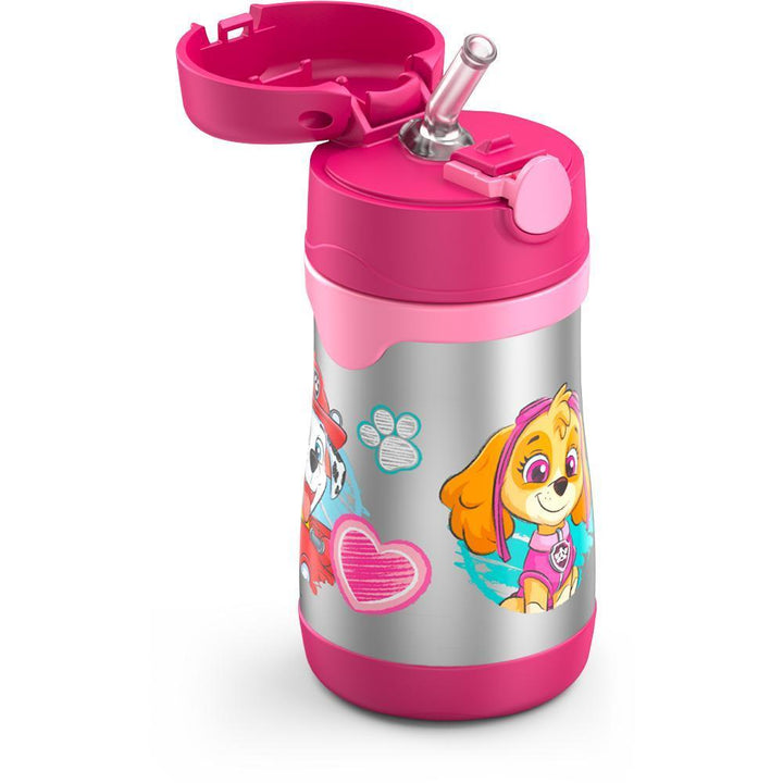 10 ounce Thermos Kids water bottle, Paw Patrol featuring Skye side view with lid open, showing straw.