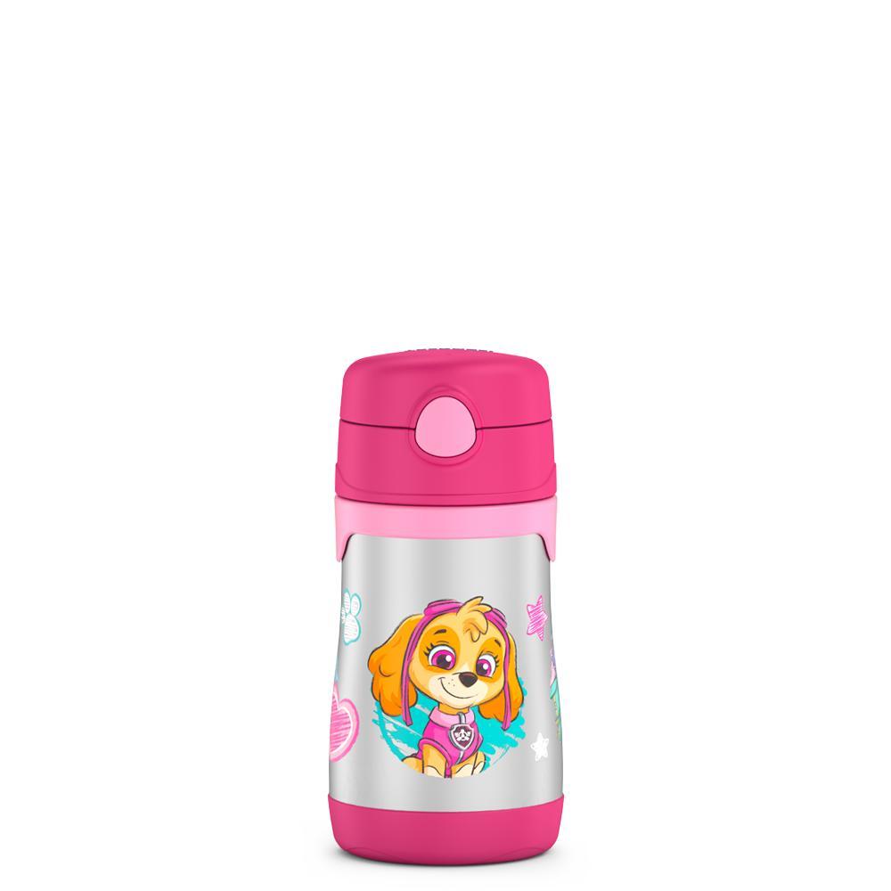 10 ounce Thermos Kids water bottle, Paw Patrol featuring Skye front view with pink straw compartment button.