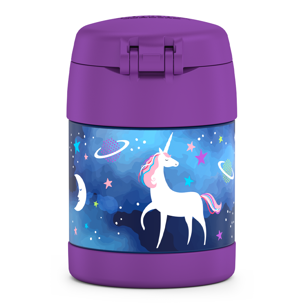 10 ounce Funtainer food jar, unicorn in space back view.