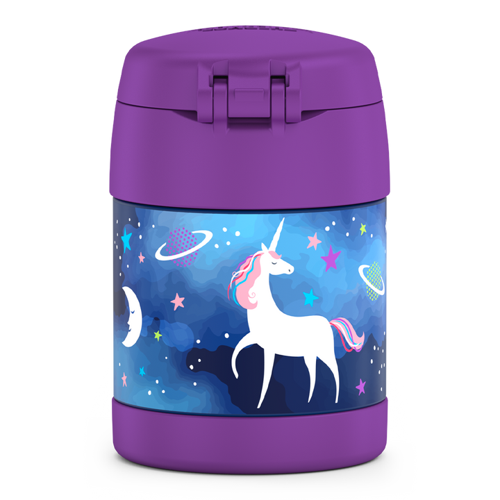 10 ounce Funtainer food jar, unicorn in space back view.