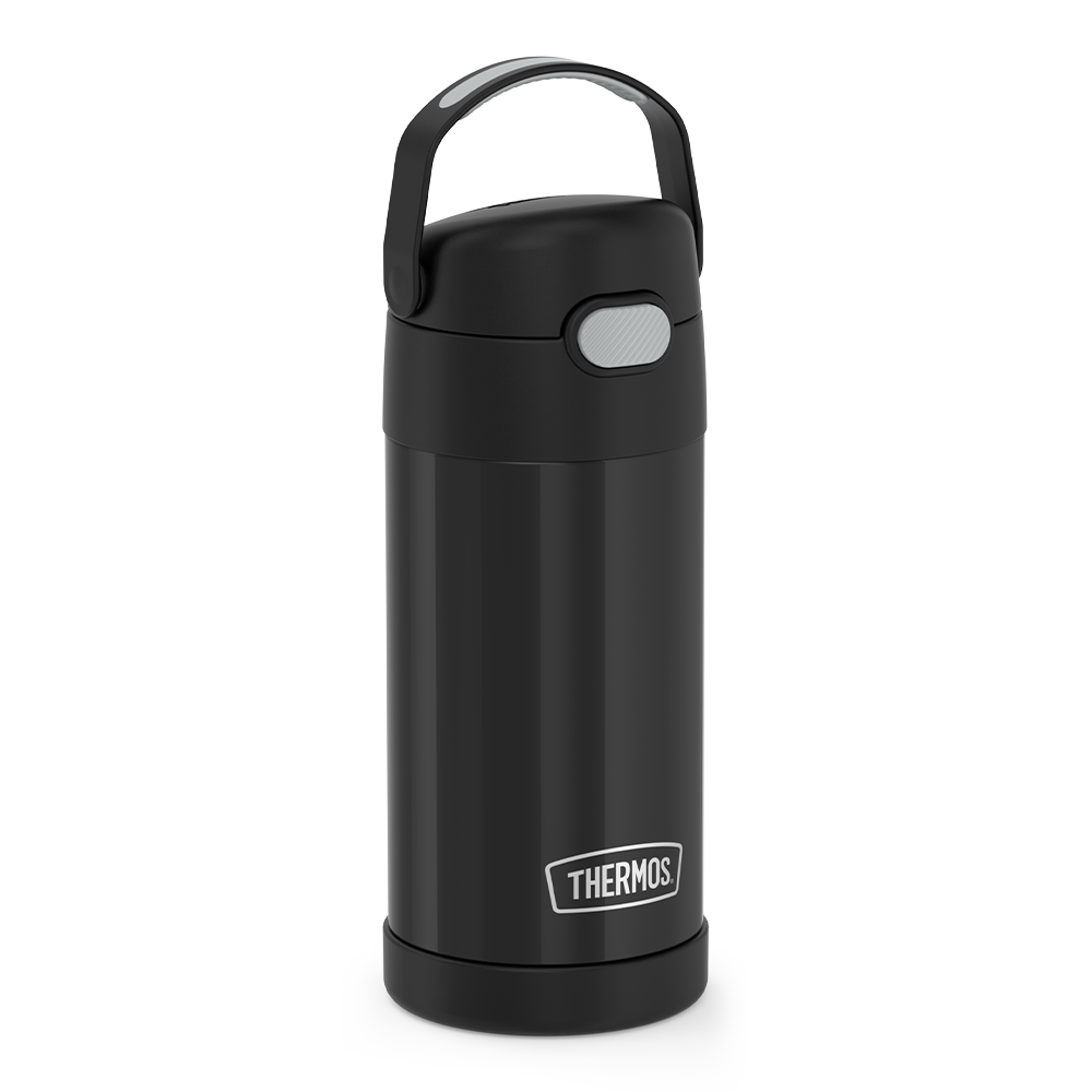 12 ounce Funtainer water bottle, side view, handle up.