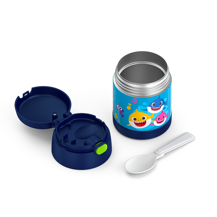 10 ounce Funtainer food jar, Baby Shark disassembled with lid open to show spoon compartment and spoon is out and unfolded
