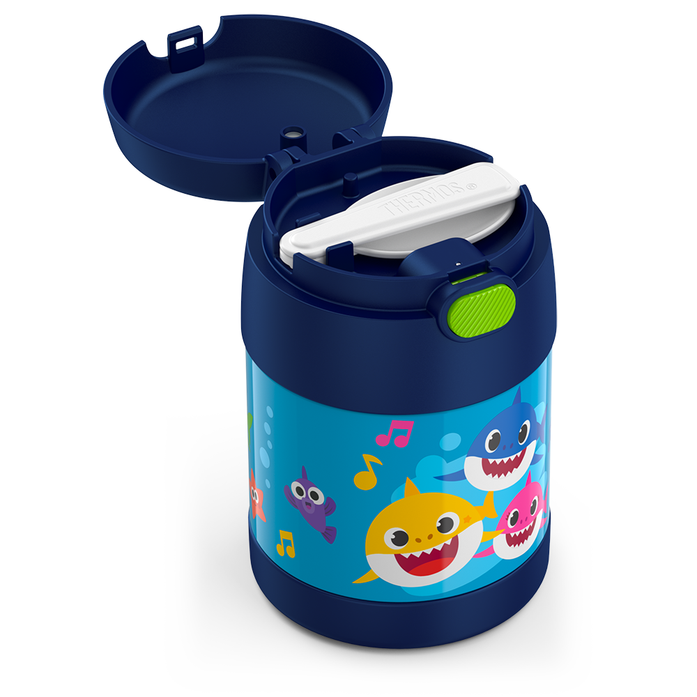 10 ounce Funtainer food jar, Baby Shark with open spoon compartment and spoon folded inside.