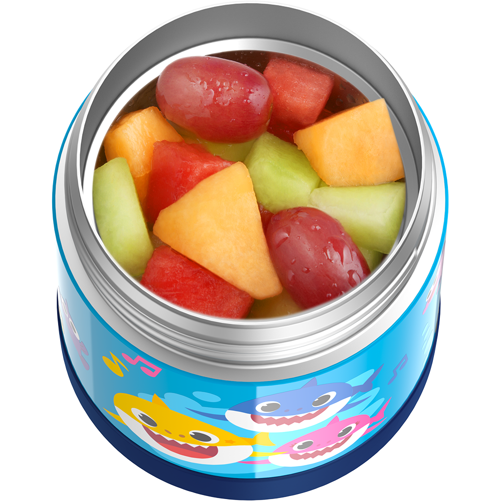 10 ounce Funtainer food jar, Baby Shark with assorted fruit inside.