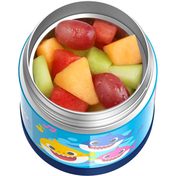 10 ounce Funtainer food jar, Baby Shark with assorted fruit inside.