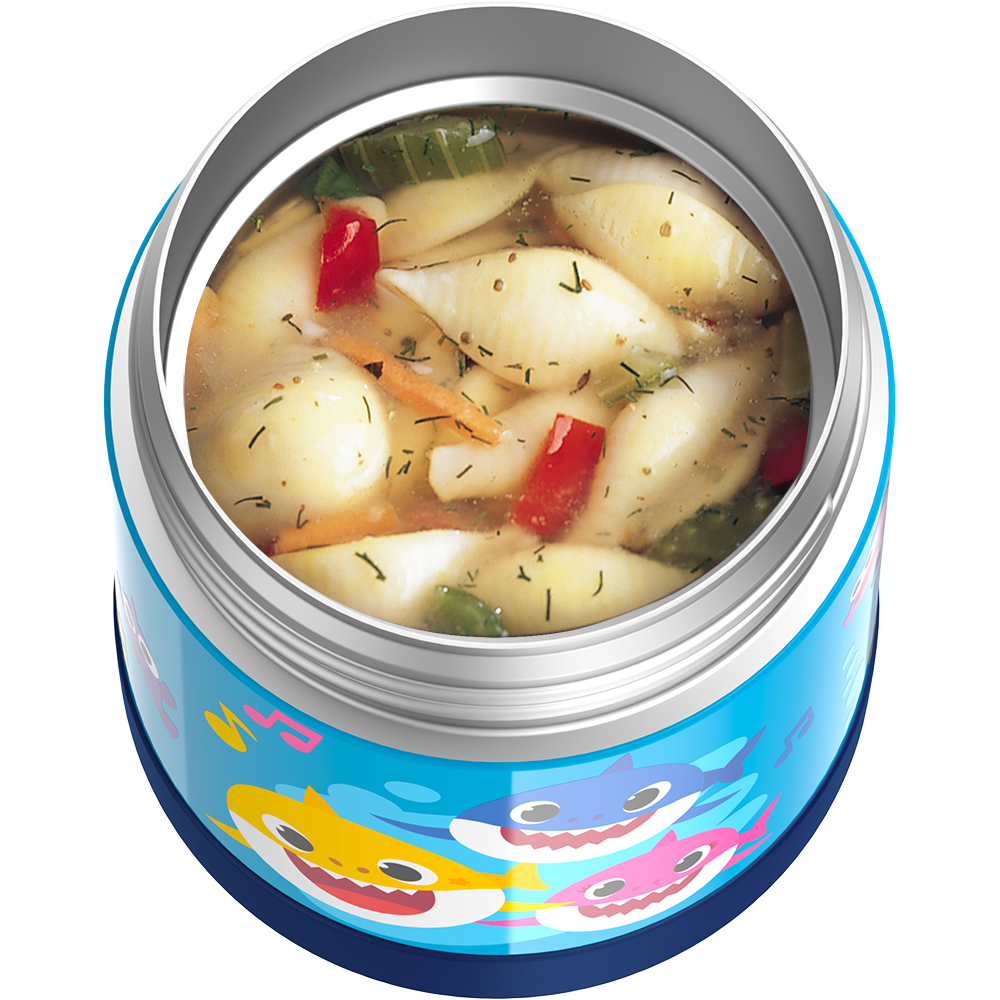 10 ounce Funtainer food jar, Baby Shark with noodle soup inside.