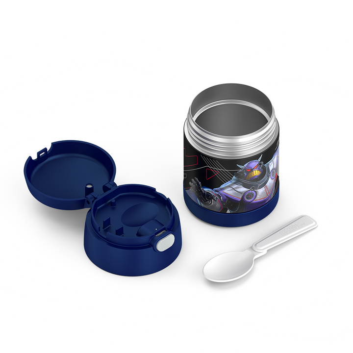 10 ounce Funtainer food jar, unassembled with spoon unfolded.