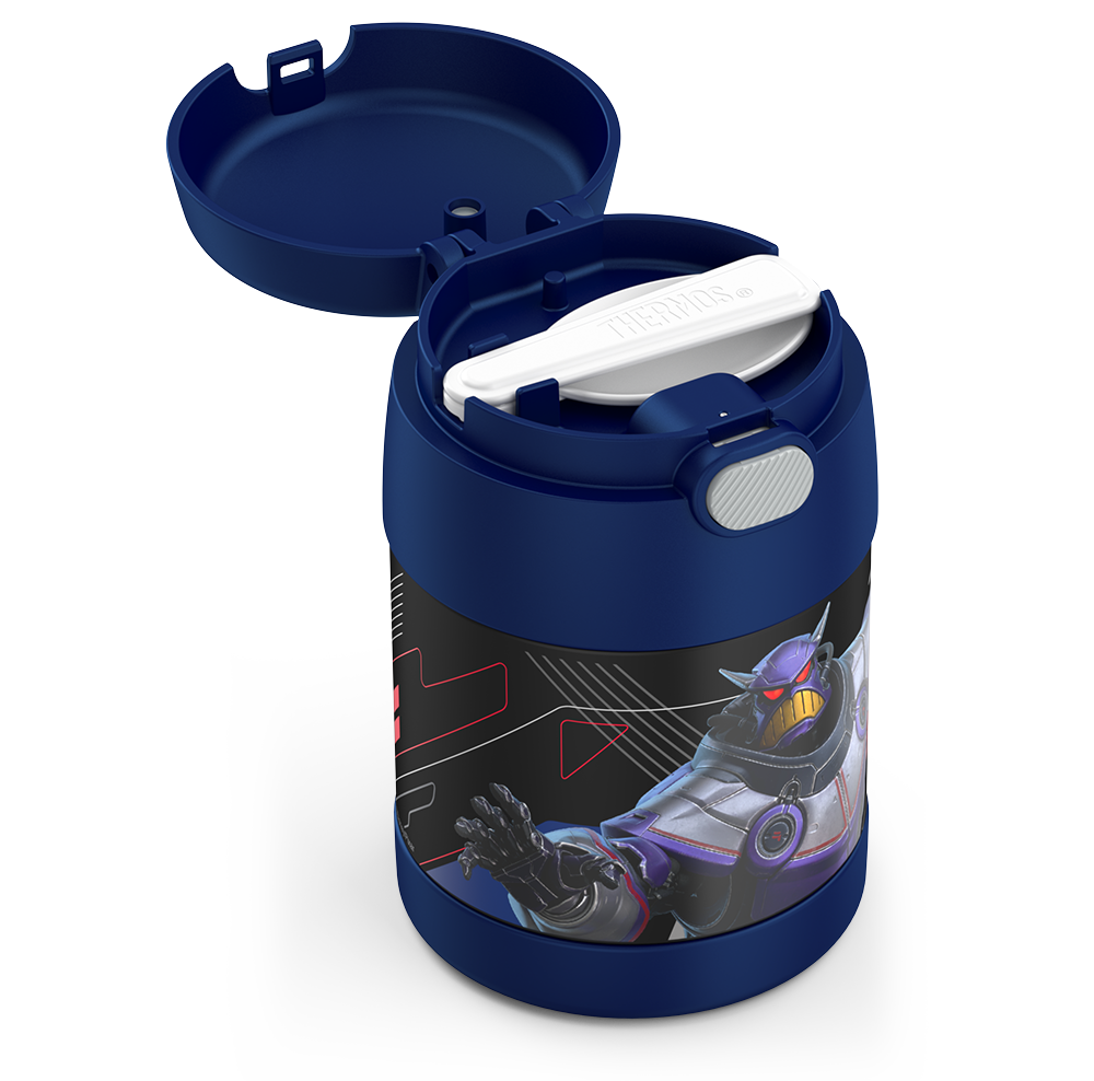 10 ounce Funtainer food jar, side view with top spoon compartment open with foldable spoon inside.