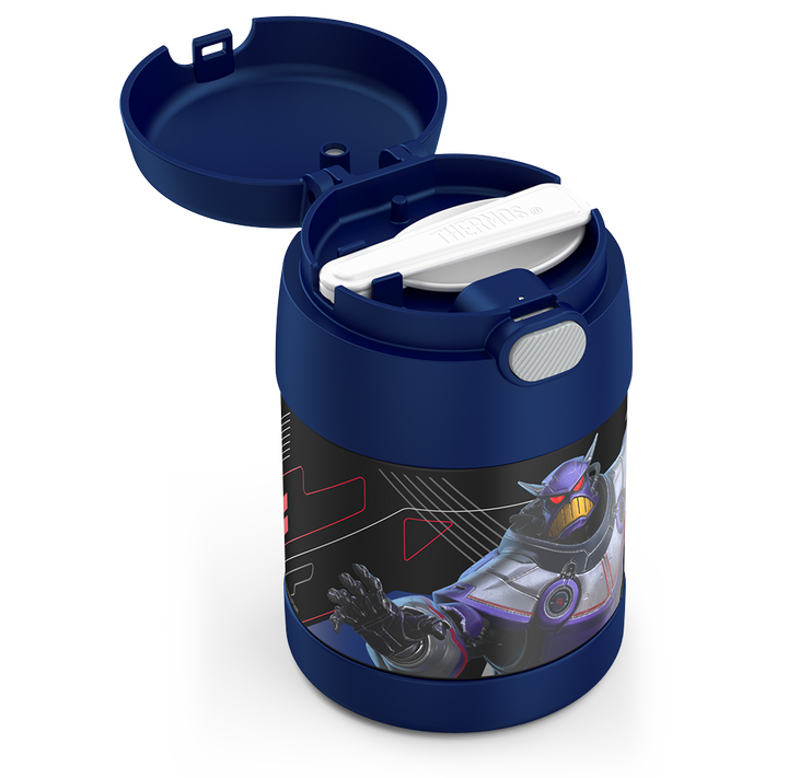 10 ounce Funtainer food jar, side view with top spoon compartment open with foldable spoon inside.