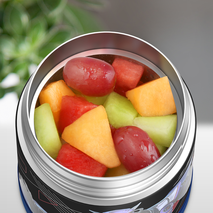 10 ounce Funtainer food jar, open with assorted fruit inside.
