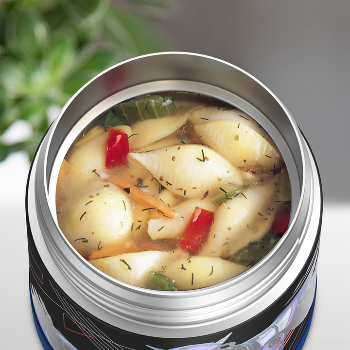 10 ounce Funtainer food jar, open with soup inside.