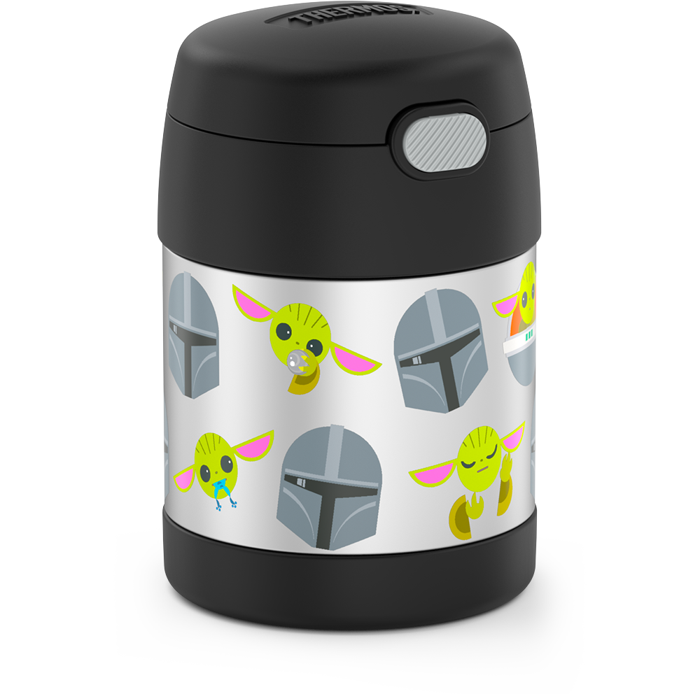 10 ounce Funtainer food jar, Mandalorian side view featuring Gorgu and the Mandalorian's helmet.