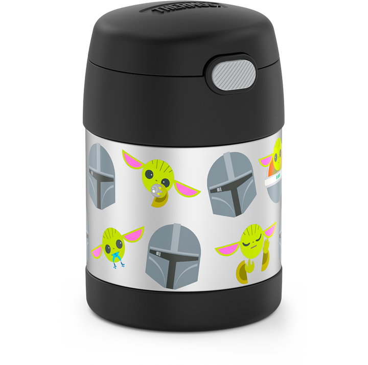 10 ounce Funtainer food jar, Mandalorian side view featuring Gorgu and the Mandalorian's helmet.