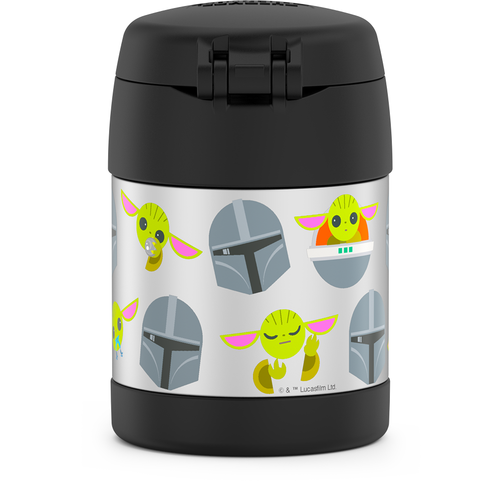 10 ounce Funtainer food jar, Mandalorian back view featuring Gorgu and the Mandalorian's helmet.